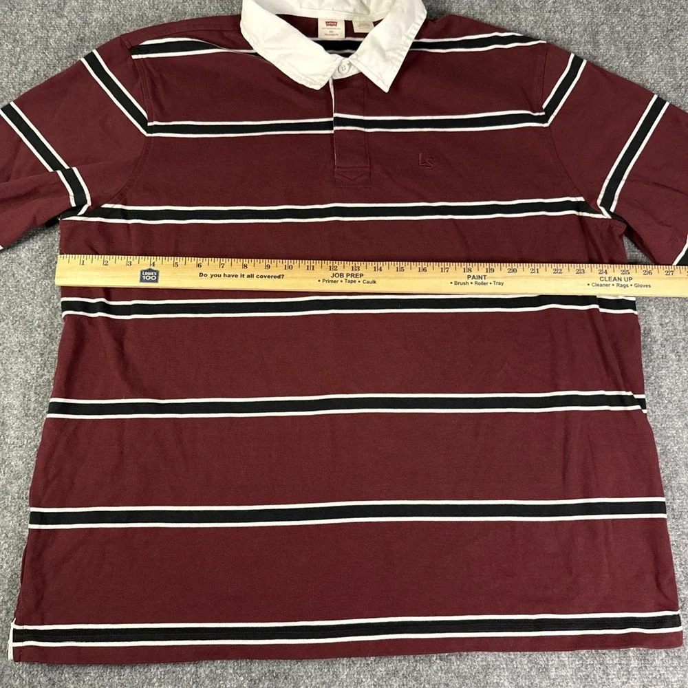 Levi's Rugby Shirt Men's XXL Burgundy Navy Stripe Relaxed Fit Long Sleeve Polo